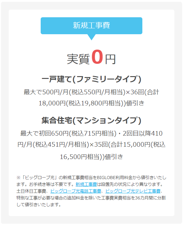 ビッグローブ光　工事費無料