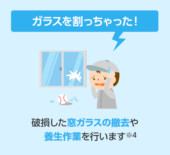 破損した窓ガラスの撤去や養生作業を行います（修理にかかるガラス代や作業代はお客様負担となります。ガラスの素材や、サイズによって修理が後日作業となる場合がございます。）