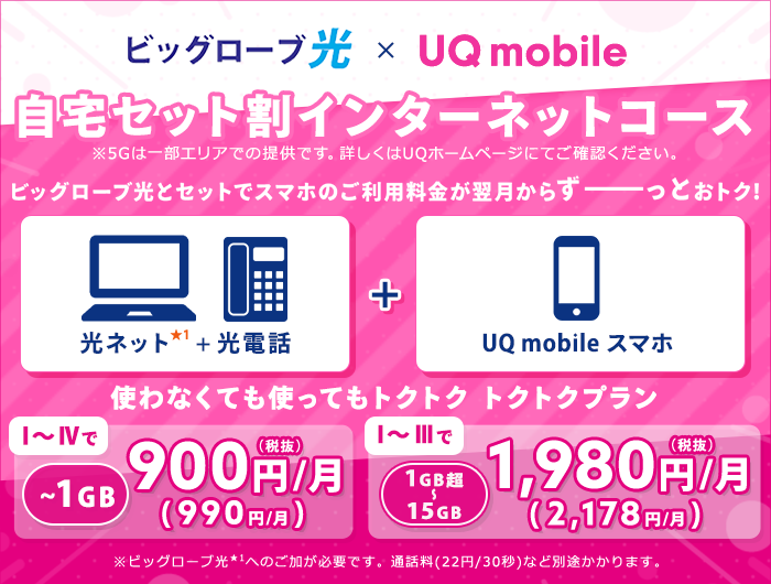 ビッグローブ光とUQモバイルをセットでご利用いただくと、スマホ料金がおトク！